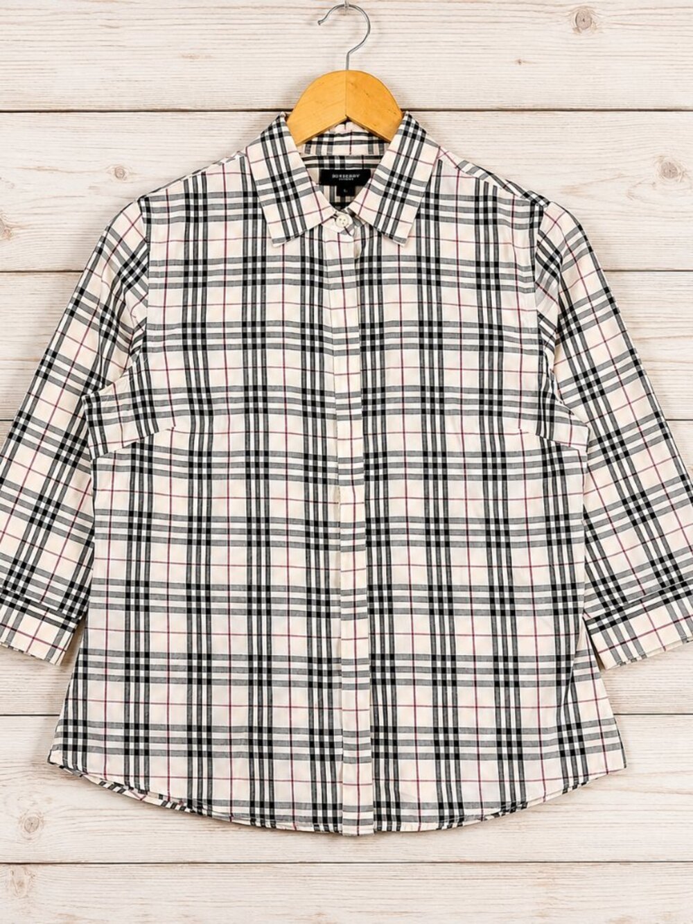 Burberry London Nova Check Plaid Shirt Button Front 3/4 Sleeve Women's Large
